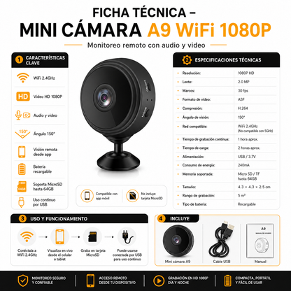 Mini Cámara A9 Wi-Fi 1080P Full HD